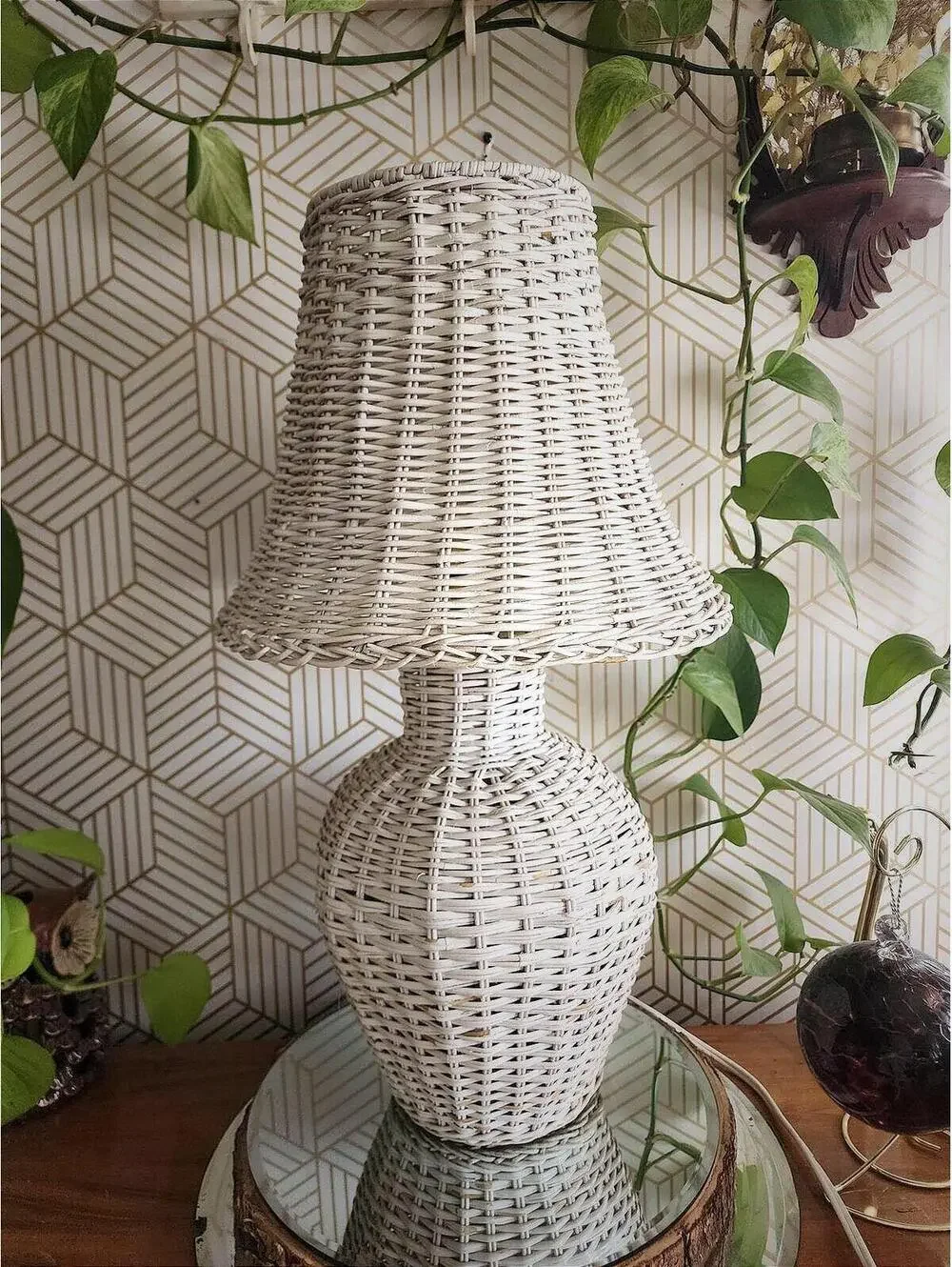 Mid-Century Coastal Boho Chic White Wicker Table Lamp and Shade